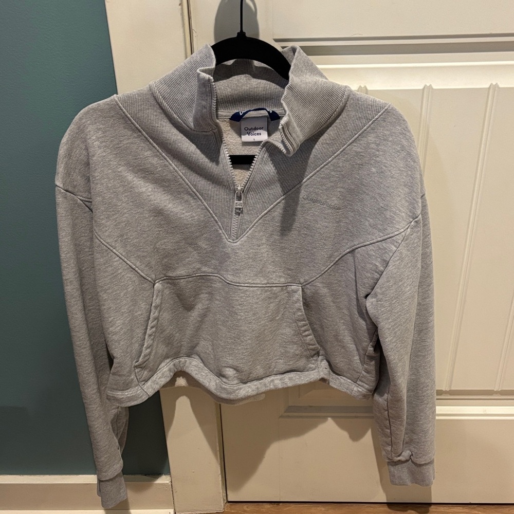 Outdoor Voices Light Gray Cropped Quarter-Zip Sweatshirt, Size Large